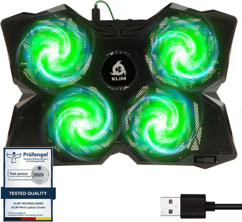 KLIM Wind Laptop Cooling Pad - Support 11 to 17 Inch Laptops, PS4-4 Fans - Light, Quiet, Powerful Cooling - Gamer USB Slim Portable Laptop Stand - New 2021 Version - Green - Image 1