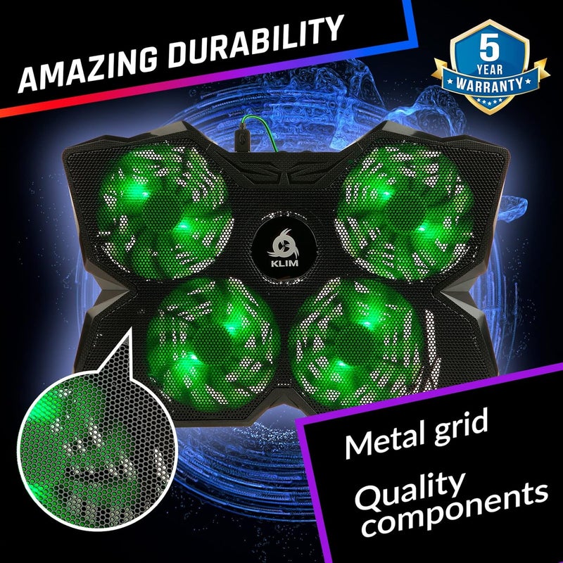 KLIM Wind Laptop Cooling Pad - Support 11 to 17 Inch Laptops, PS4-4 Fans - Light, Quiet, Powerful Cooling - Gamer USB Slim Portable Laptop Stand - New 2021 Version - Green - Image 5