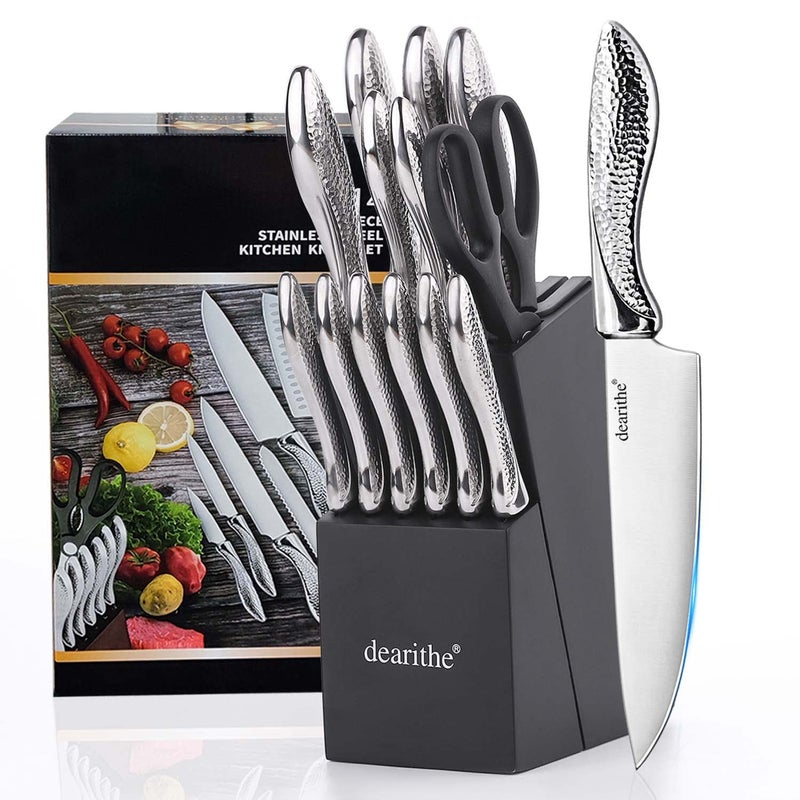 dearithe Knife Sets for Kitchen with Block 14 Piece High Carbon Stainless Steel Knife Block Set with Builtin Sharpener Professional Kitchen Knife Set Hammered Pattern Hollowed Handle Design