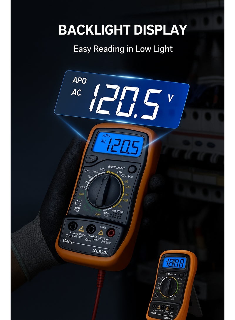 Orange Life Digital Multimeter XL830L – Handheld Tester for Voltage, Current, Resistance, Diode & Transistor with Backlight & Data Hold (Battery Not Included) - Image 2