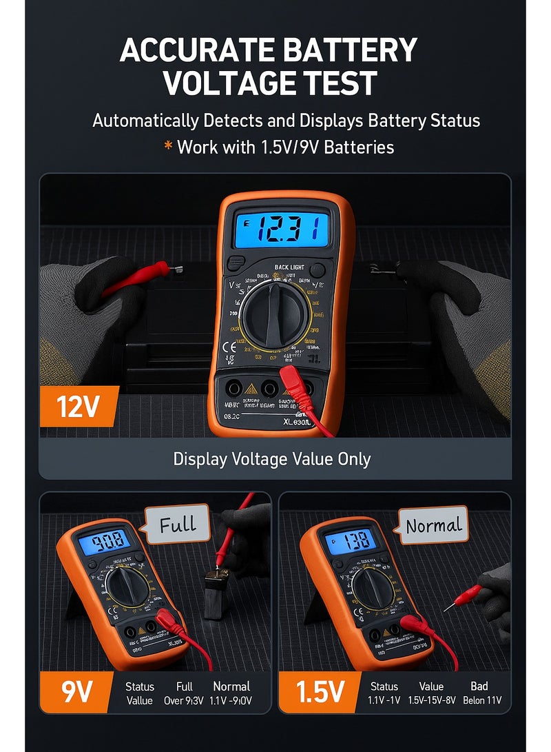 Orange Life Digital Multimeter XL830L – Handheld Tester for Voltage, Current, Resistance, Diode & Transistor with Backlight & Data Hold (Battery Not Included) - Image 5