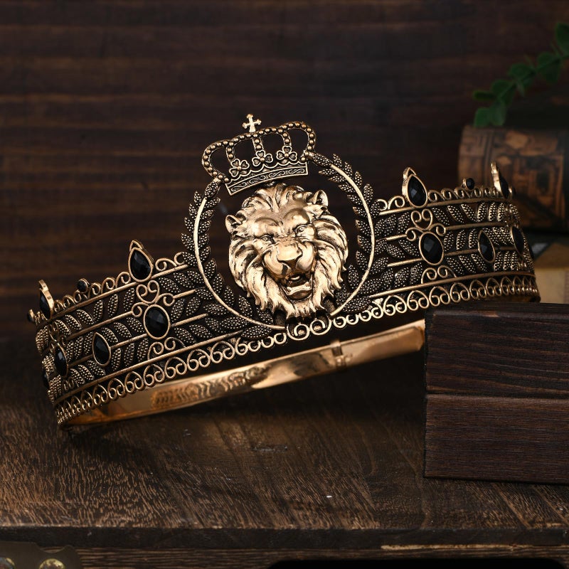 JITINX King Crown and Birthday Sash, King Crown for Men,Gold Men's Tiara Prince Diadem,Royal Medieval Cosplay Birthday Prom Halloween Hair Accessories (Antique Gold Black Crown) - Image 5