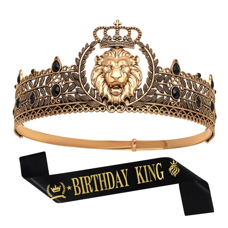 JITINX King Crown and Birthday Sash, King Crown for Men,Gold Men's Tiara Prince Diadem,Royal Medieval Cosplay Birthday Prom Halloween Hair Accessories (Antique Gold Black Crown) - Image 1
