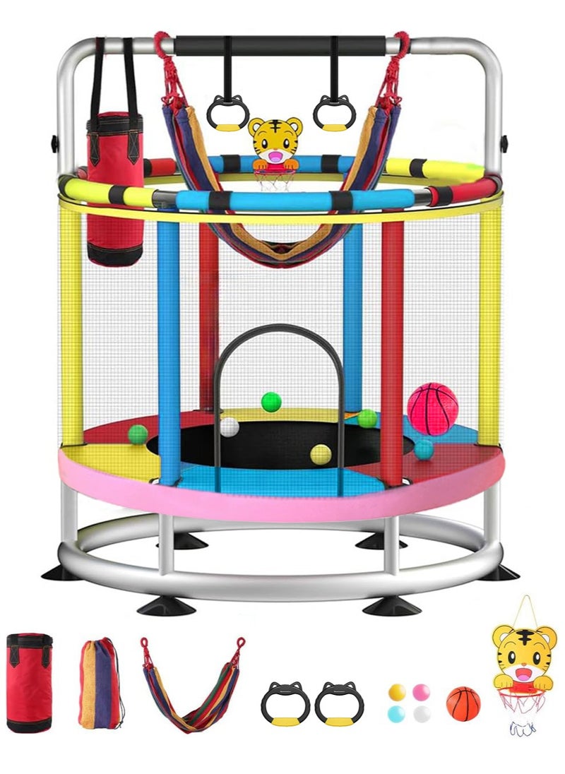XiuWoo Trampoline for Kids, 140cm Toddler Trampoline Indoor and Outdoor,Load Bearing 250kg Kids Trampoline with Enclosure Net, Mini Trampoline with T-handrail Swing Sandbag Basketball Hoop Adjustable Gymnastics Bar,Yellow Blue Red  - Image 1