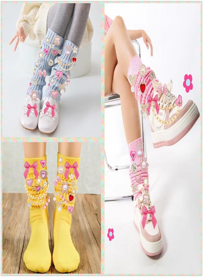 RoedCuoo 97Pcs Junk Socks Charms Kit, Brooches and Pins for Women, ShoeCharms with Bows,Shoe Charms for Sneakers,Sneakers DIY Kit with Pearls Rhinestones Chains,Cute DIY Accessories for Decorating and - Image 2