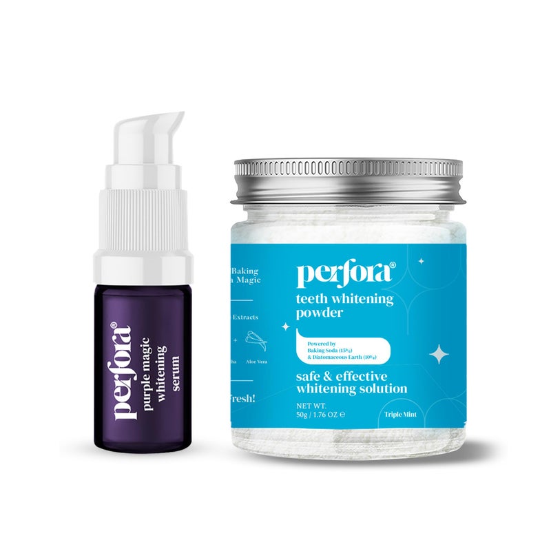 Perfora مجموعة ابتسامة مشعة من بيرفورا - ميني | سيروم تبييض سحري بنفسجي - 10 مل وبودرة تبييض الأسنان - 50 جرام | رعاية فموية آمنة وفعالة وحل لتبييض الأسنان - Image 1