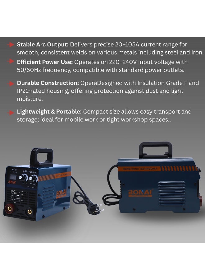 Bonai ARC-400Mini Inverter Welder | 220V-240V MMA Stick Welding Machine | IGBT Technology, Portable Design | Model BN-HK87 | IP21 Rated, Insulation Grade F - Image 5