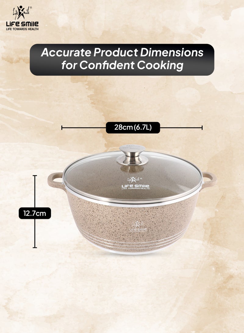 Life Smile 28cm (6.7 Liter) LIFE SMILE Non-Stick Cooking Pot | Aluminum Soup Pot With Glass Lid | 100% PFOA Free, Fixed Handle | Multi Layer Non-Stick Granite Coating | Oven safe Cookwares  - Image 3