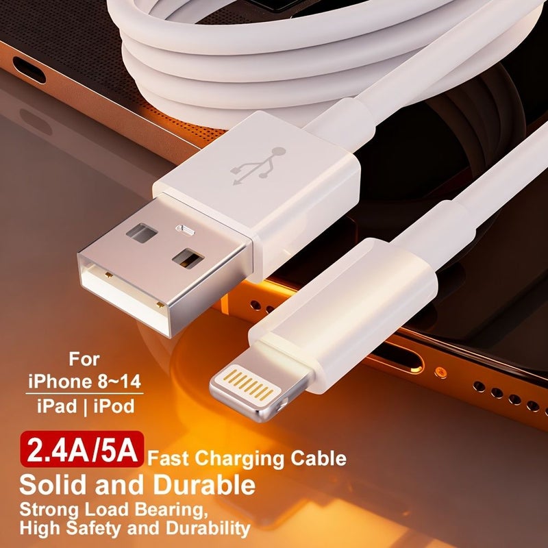 كابل USB A إلى Lightning بطول 2 متر للشحن السريع ومزامنة البيانات لأجهزة iPhone 14 و13 و12 و11 وPro Max وXR وXS وX و8 و7 و6 Plus وSE - اللون الأبيض - Image 3