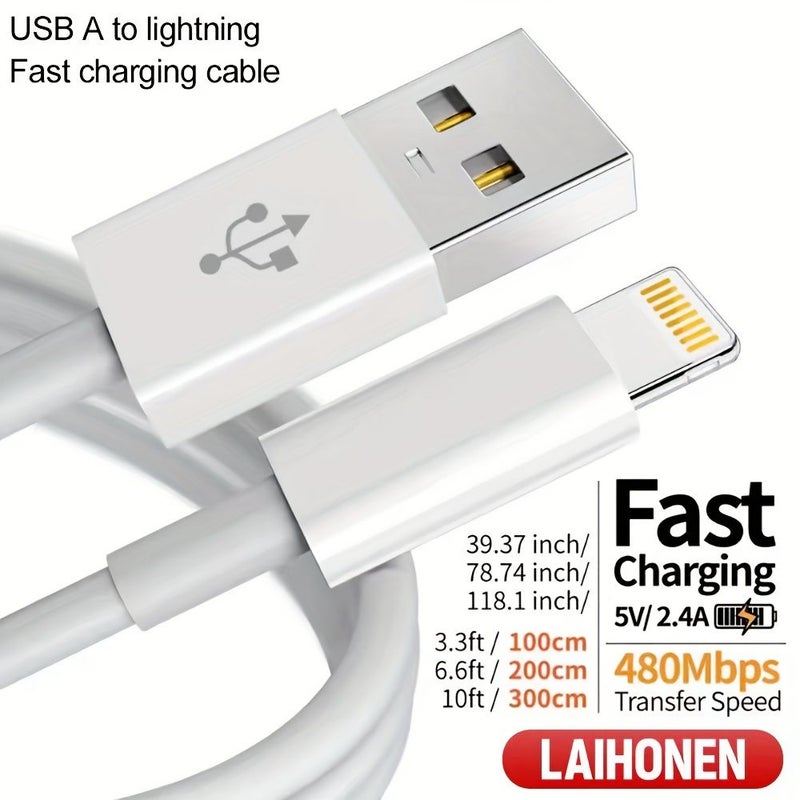 كابل USB A إلى Lightning بطول 2 متر للشحن السريع ومزامنة البيانات لأجهزة iPhone 14 و13 و12 و11 وPro Max وXR وXS وX و8 و7 و6 Plus وSE - اللون الأبيض - Image 1