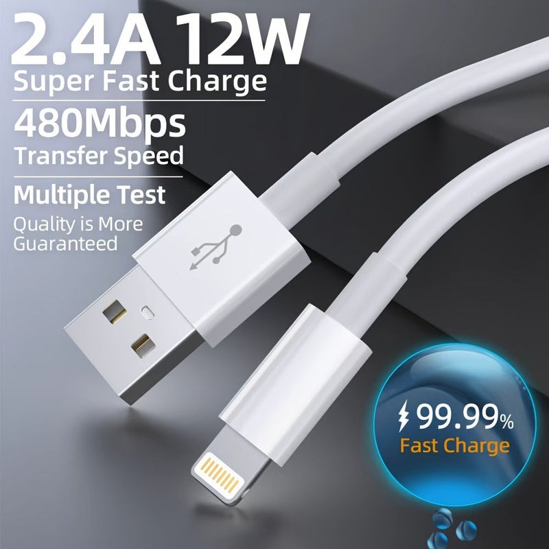 كابل USB A إلى Lightning بطول 2 متر للشحن السريع ومزامنة البيانات لأجهزة iPhone 14 و13 و12 و11 وPro Max وXR وXS وX و8 و7 و6 Plus وSE - اللون الأبيض - Image 4
