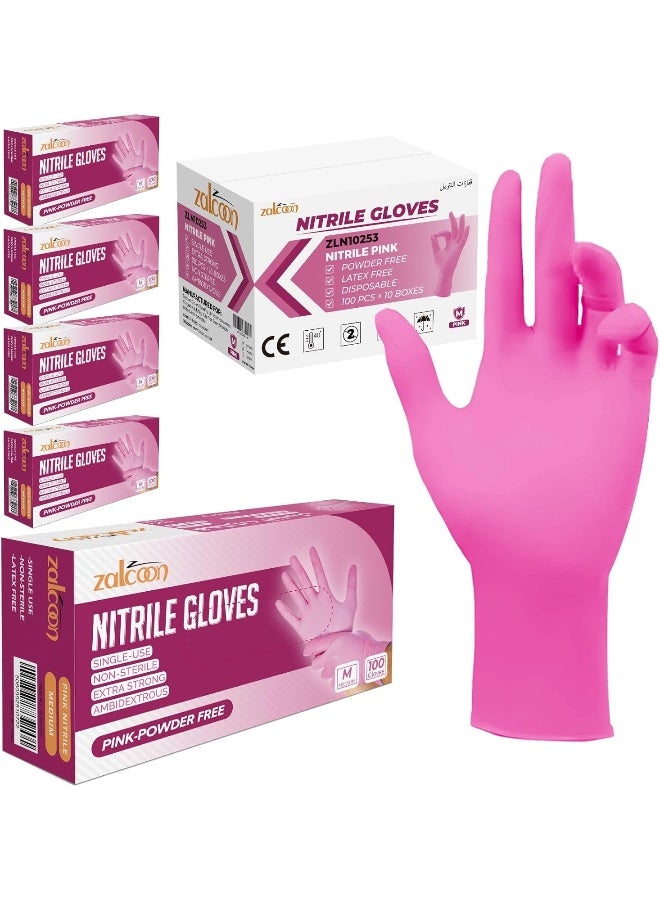 Zalcoon Disposable Gloves Nitrile Exam Gloves Pink Powder-Free Non-Sterile Food Safe Cleaning Gloves, Large, Case of 500 (5 Pack x 100 Pieces)  - Image 1