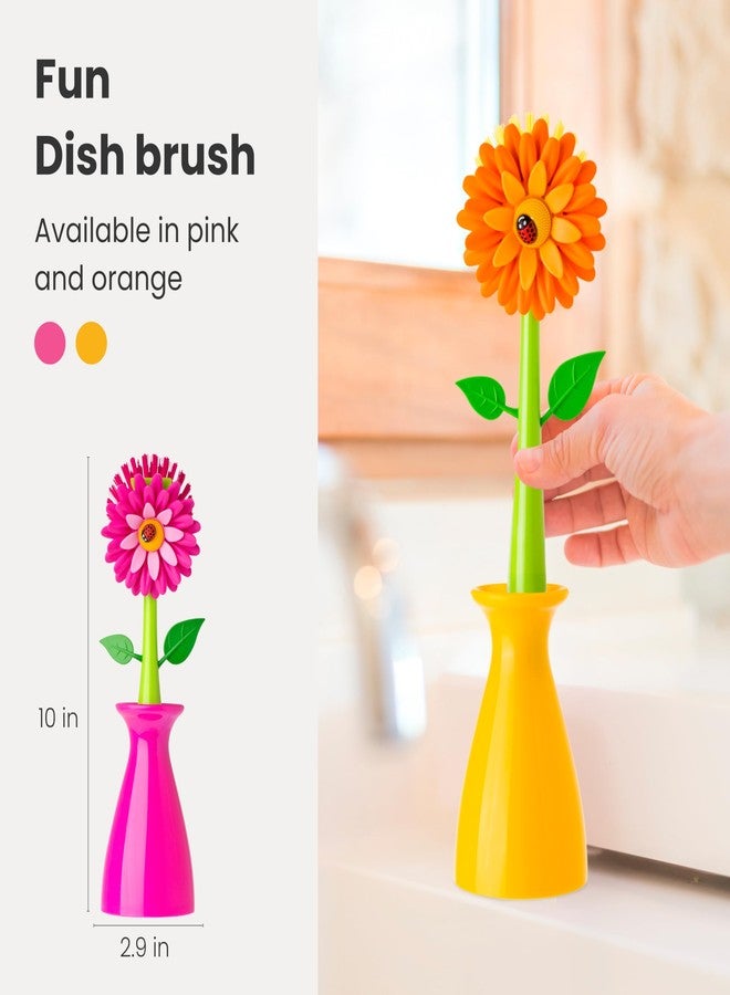 Vigar Flower Power Dish Brush with Handle and Vase Dish Brush Holder, Kitchen Scrub Brush for Pot Scrubber, Dishes, and Sink Cleaning, Orange, Green - Image 2