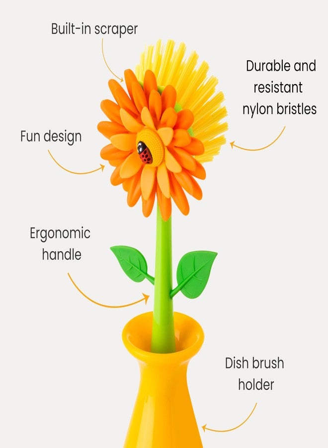 Vigar Flower Power Dish Brush with Handle and Vase Dish Brush Holder, Kitchen Scrub Brush for Pot Scrubber, Dishes, and Sink Cleaning, Orange, Green - Image 3
