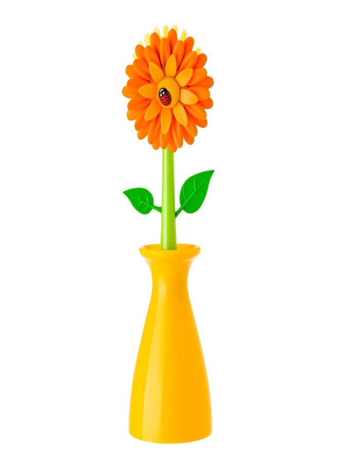 Vigar Flower Power Dish Brush with Handle and Vase Dish Brush Holder, Kitchen Scrub Brush for Pot Scrubber, Dishes, and Sink Cleaning, Orange, Green - Image 1