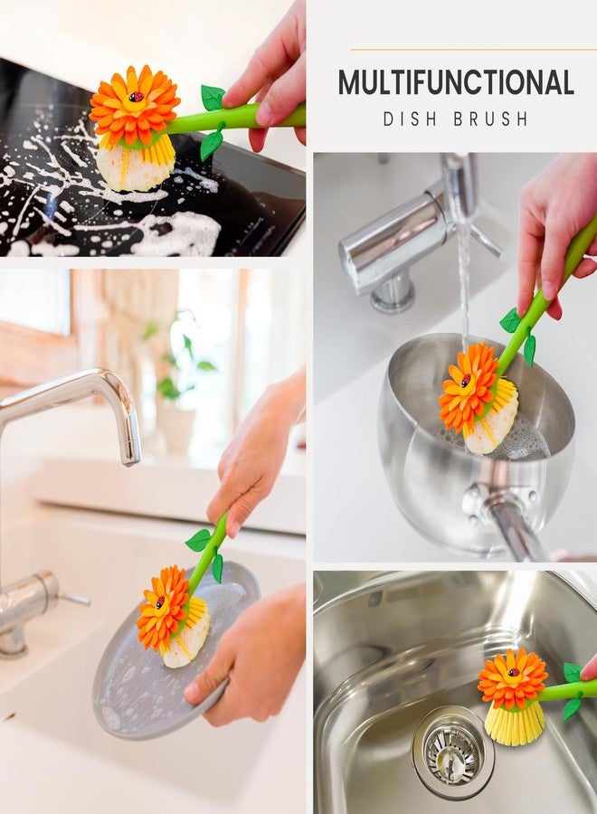 Vigar Flower Power Dish Brush with Handle and Vase Dish Brush Holder, Kitchen Scrub Brush for Pot Scrubber, Dishes, and Sink Cleaning, Orange, Green - Image 5