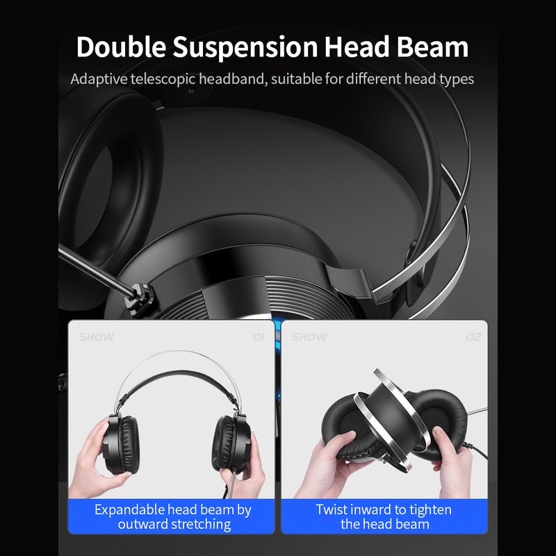 سماعة ألعاب سلكية Q9 Gaming Headset بميكروفون تقليل الضوضاء بزاوية 360 درجة، ضوء تنفس ملون، مدخلين 3.5مم + USB، لون أسود - Image 5