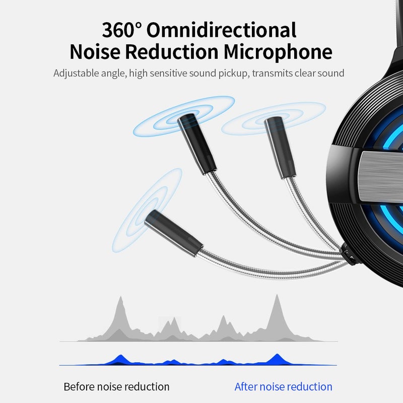 سماعة ألعاب سلكية Q9 Gaming Headset بميكروفون تقليل الضوضاء بزاوية 360 درجة، ضوء تنفس ملون، مدخلين 3.5مم + USB، لون أسود - Image 3