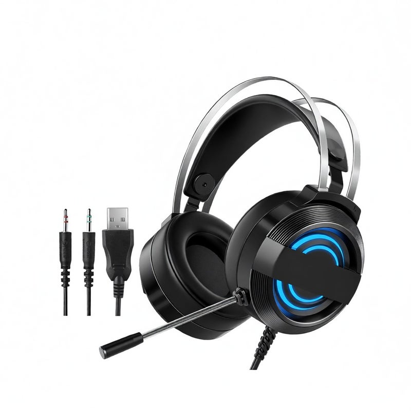 سماعة ألعاب سلكية Q9 Gaming Headset بميكروفون تقليل الضوضاء بزاوية 360 درجة، ضوء تنفس ملون، مدخلين 3.5مم + USB، لون أسود - Image 1