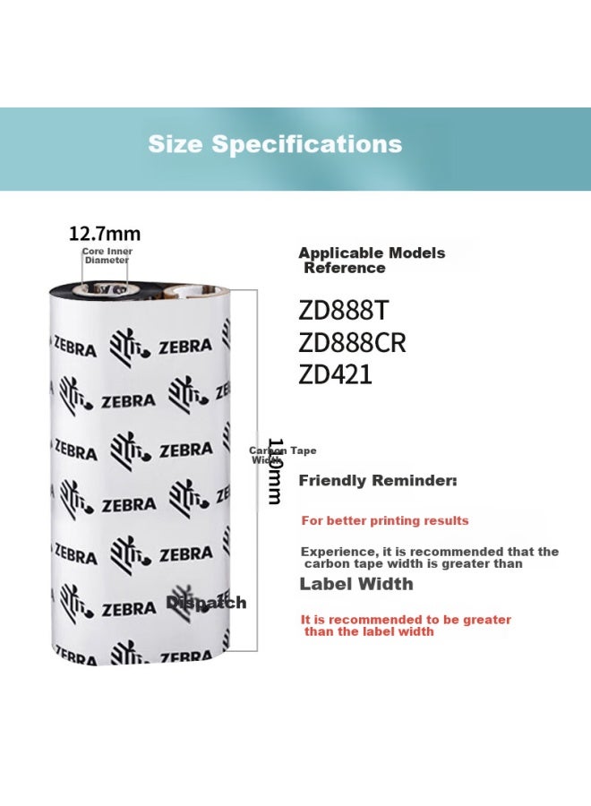 Zebra Technologies 110mm*70m Original Label Barcode Printer Wax-based Carbon Ribbon Thermal Transfer Desktop Printer Ribbon For Zd888t Gk888t Zd420 Universal Consumables