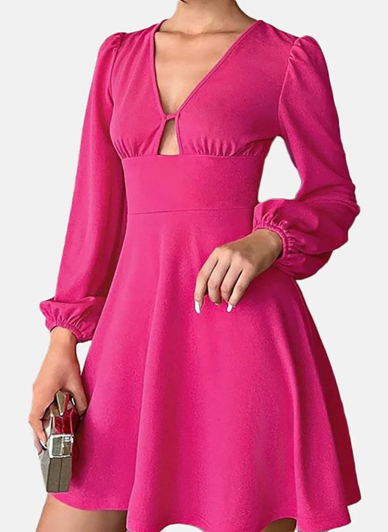 YUNIQEE Pink Solid Long Sleeve V Neck Mini Fit & Flare Dress