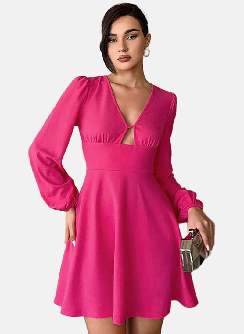 YUNIQEE Pink Solid Long Sleeve V Neck Mini Fit & Flare Dress