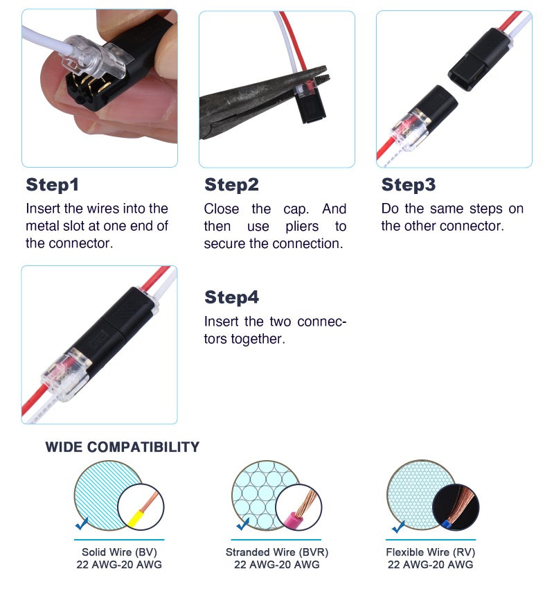 Brightfour Pluggable Low Voltage Wire Connectors, No Stripping 12v 2 Wires Plug-in LED Wire Connectors for AWG 20-22 (12 Pairs) - Image 5