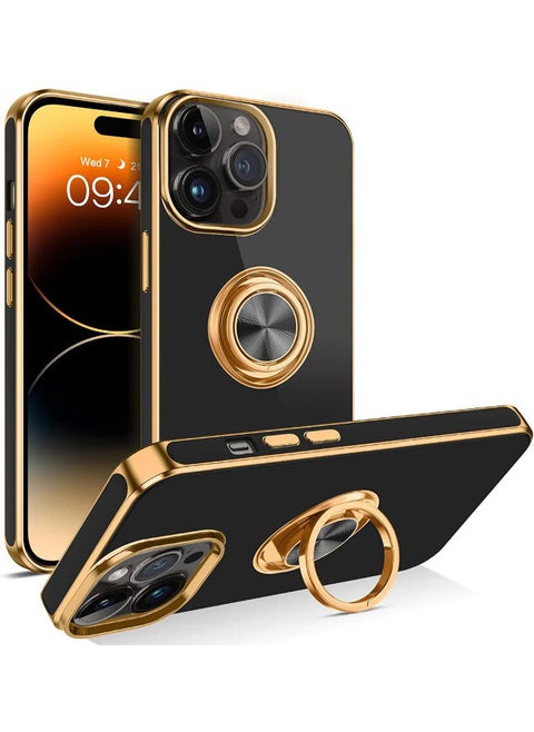Design for iPhone 14 Pro Max Case, Soft TPU Edge Plating 360 Degree Rotation Ring Holder Kickstand Protective Anti-Scratch Cover Work with Magnetic Car Mount (iPhone 14 Pro Max, Black)