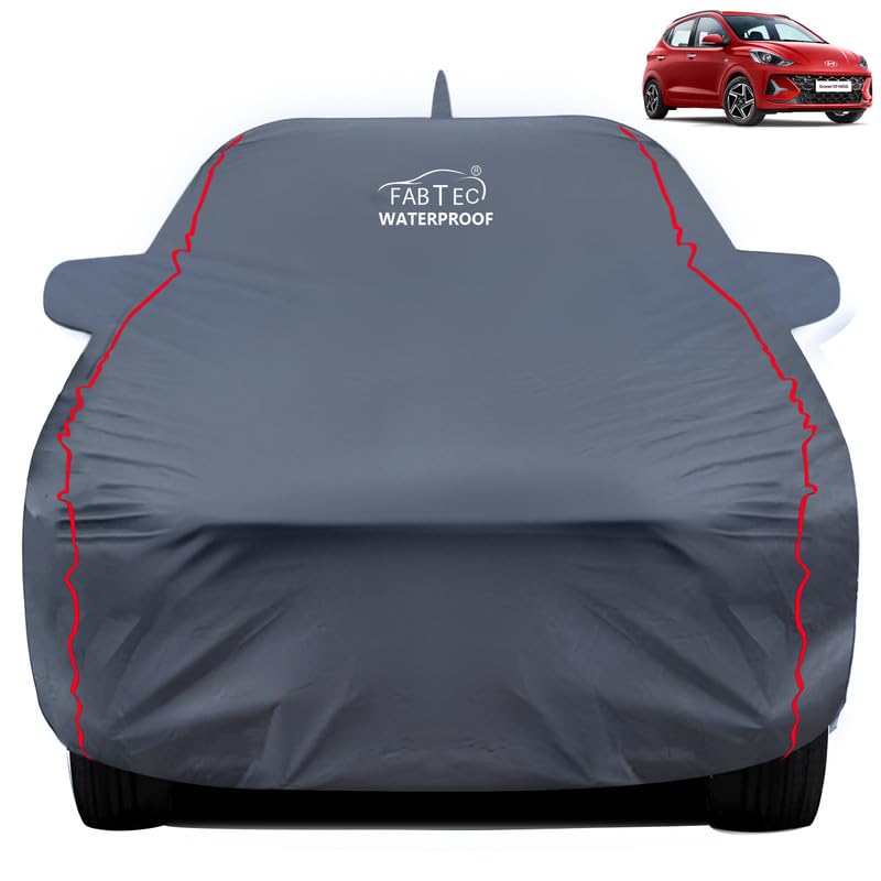 FABTEC غطاء سيارة مقاوم للماء لهيونداي جراند i10 مع جيب للمرايا والهوائي غطاء جسم سيارة فاخر متين من بيفا رمادي مع حواف حمراء - Image 1