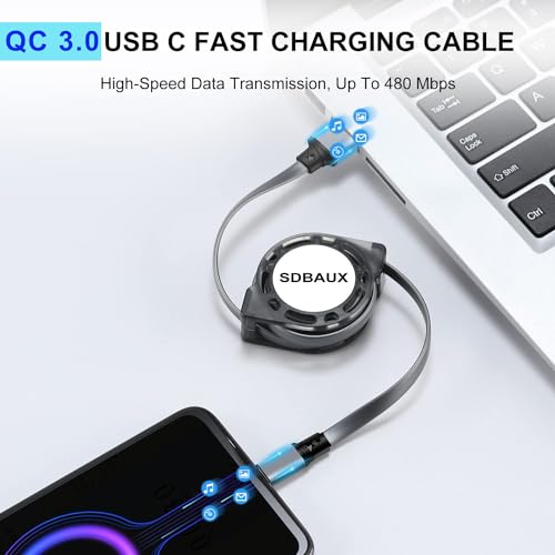 SDBAUX Car Carplay Cable for iPhone 17 16 15 Pro Max Cable, Retractable USB A to Type C Charger Cord QC 3.0 Fast Charging Data Sync Compatible with Galaxy S25 S24 S10 Note G6 G5 PS5 and More (Grey-2Pack) - Image 4