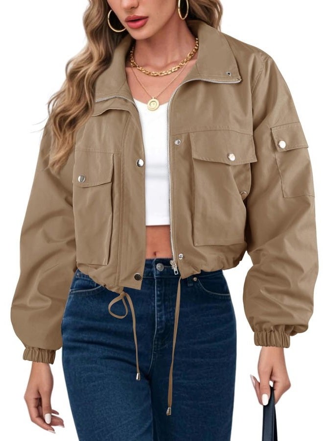 UEAL Womens Cropped Bomber Jacket 2025 Trendy Zip Up Lightweight Utility Anorak Coat With Pockets, Khaki a, M - Image 5