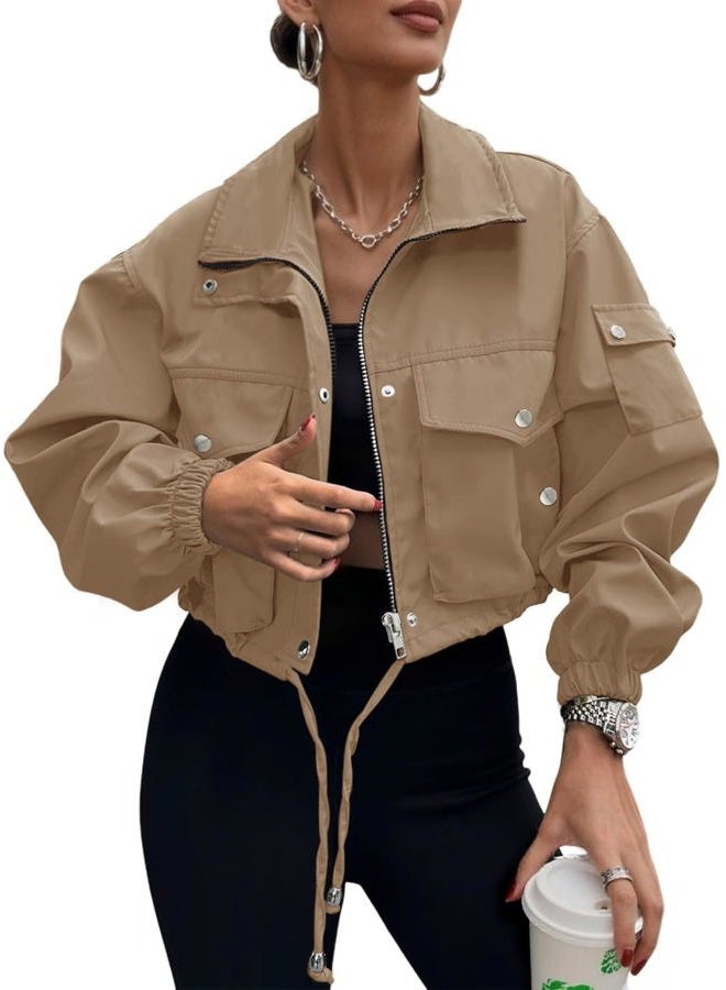 UEAL Womens Cropped Bomber Jacket 2025 Trendy Zip Up Lightweight Utility Anorak Coat With Pockets, Khaki a, M - Image 1