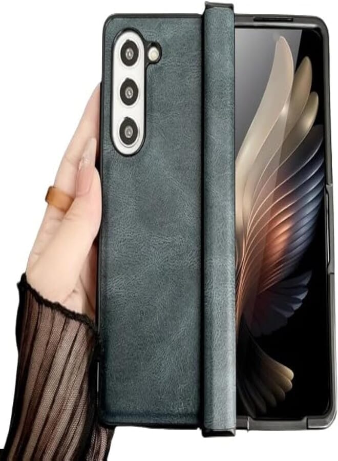 Next Next Store Leather Flip Case Hard PC Frame Cover Compatible with Samsung Galaxy Z Fold3, PU Leather Case Full Body Protection Front and Back (Blue)