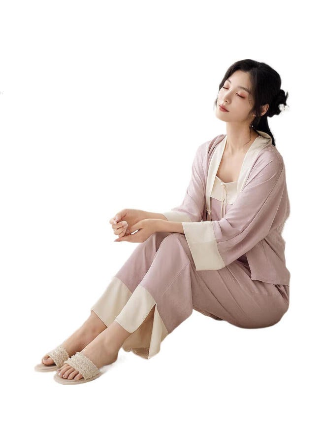 Zisehy Purple Floral Charm [Chinese Style Three-Piece Set] Silk Pajamas For Women With Chest Pad Lady'S Sling Gift Home Wear Taro Purple Xl - Image 1