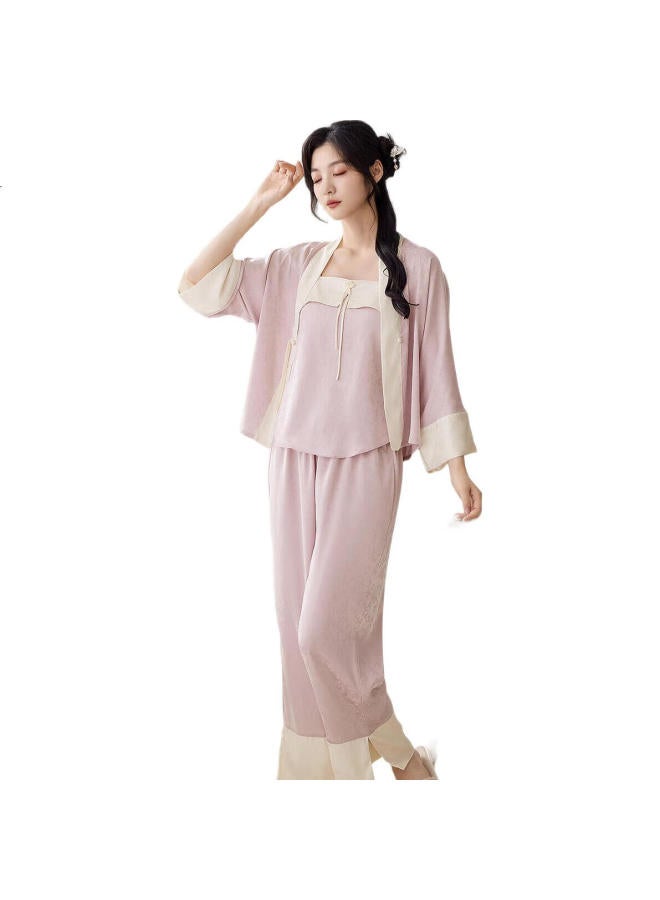Zisehy Purple Floral Charm [Chinese Style Three-Piece Set] Silk Pajamas For Women With Chest Pad Lady'S Sling Gift Home Wear Taro Purple Xl - Image 2