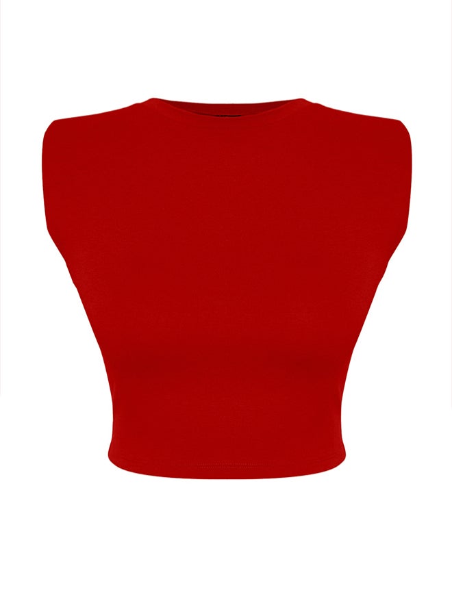 trendyol Red Padded Fitted/Body-Sit Crew Neck Crop Flexible Knitted Blouse  - Image 5