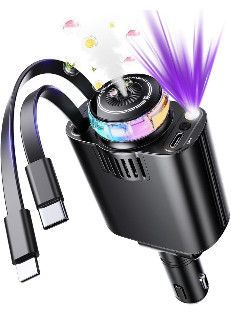 DmarQa 6-in-1 Starlight Car Charger 120W Fast Charging Aroma Diffuser with Retractable Cable, USB-C PD 30W, Dual Output Car Adapter, LED Ambient Light & Perfume Air Freshener for Car 12-24V - Image 1