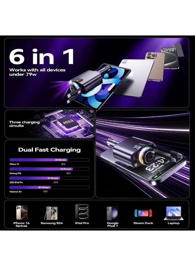DmarQa 6-in-1 Starlight Car Charger 120W Fast Charging Aroma Diffuser with Retractable Cable, USB-C PD 30W, Dual Output Car Adapter, LED Ambient Light & Perfume Air Freshener for Car 12-24V - Image 3
