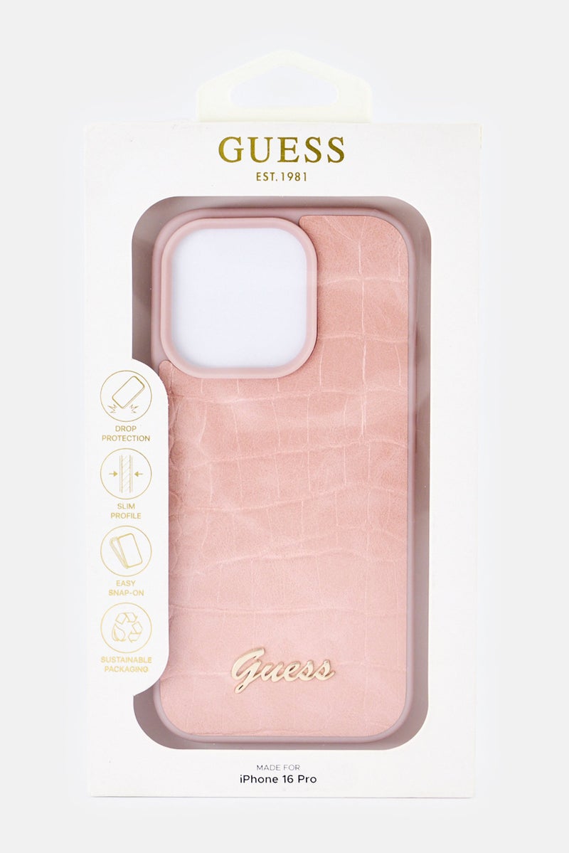 GUESS حافظة حماية بشعار معدني آيفون 16 برو، وردي - Image 2