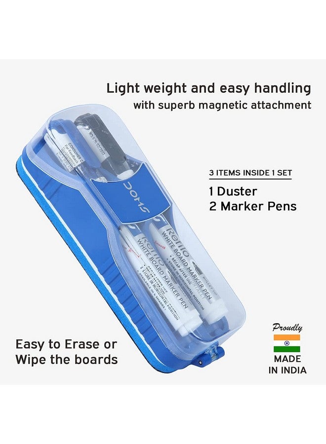DOMS DOMS Fine Magnetic Whiteboard Duster Marker Set | Easy to Wipe | Refillable White Board Marker with Good Grip | Set of 2 Markers & 1 Duster | Blue & Black Ink, Pack of 1 - Image 3