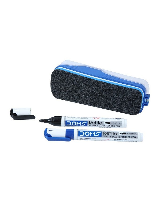 DOMS DOMS Fine Magnetic Whiteboard Duster Marker Set | Easy to Wipe | Refillable White Board Marker with Good Grip | Set of 2 Markers & 1 Duster | Blue & Black Ink, Pack of 1 - Image 1