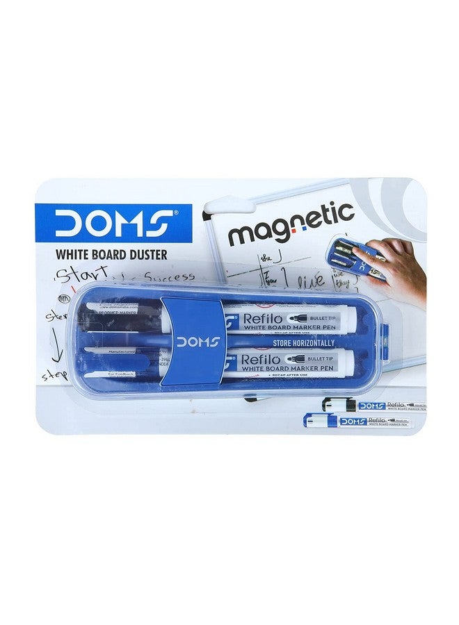 DOMS DOMS Fine Magnetic Whiteboard Duster Marker Set | Easy to Wipe | Refillable White Board Marker with Good Grip | Set of 2 Markers & 1 Duster | Blue & Black Ink, Pack of 1 - Image 2
