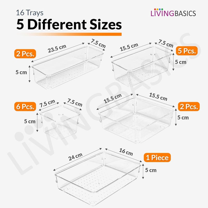 LIVINGBASICS 16 Pcs Unbreakable Drawer OrganizerDrawers OrganisersMake up OrganiserDrawer Divider TrayMakeup Dresser TrayDressing Table Organiser PET Plastic - Image 2