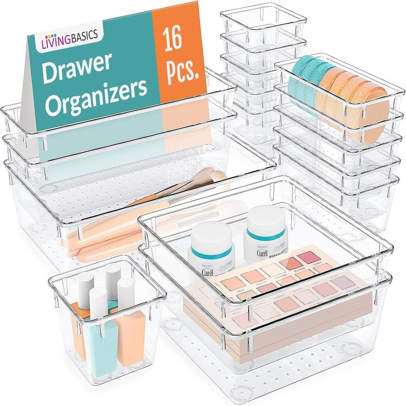 LIVINGBASICS 16 Pcs Unbreakable Drawer OrganizerDrawers OrganisersMake up OrganiserDrawer Divider TrayMakeup Dresser TrayDressing Table Organiser PET Plastic - Image 1