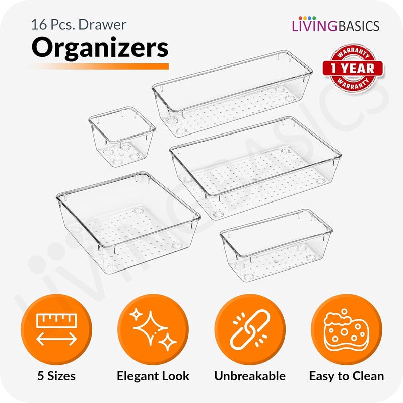 LIVINGBASICS 16 Pcs Unbreakable Drawer OrganizerDrawers OrganisersMake up OrganiserDrawer Divider TrayMakeup Dresser TrayDressing Table Organiser PET Plastic - Image 5