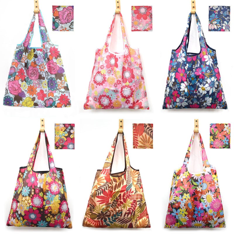 MRYUWB 6 Pcs Reusable Grocery Bags Xlarge 50LBS Foldable Grocery Shopping Bags Washable Eco-Friendly Ripstop Nylon Tote Bags, Shiny Flowers, X-Large - Image 1
