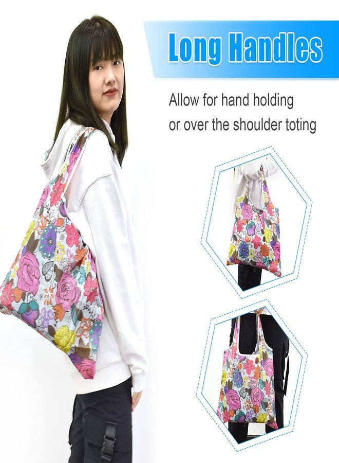 MRYUWB 6 Pcs Reusable Grocery Bags Xlarge 50LBS Foldable Grocery Shopping Bags Washable Eco-Friendly Ripstop Nylon Tote Bags, Shiny Flowers, X-Large - Image 3