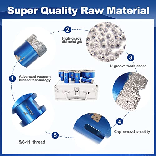 BRSCHNITT Diamond Hole Saw Kit - 6pcs Drill Bits for Porcelain Tile, Ceramic, Marble, Granite, 5/8-11 Thread, 4/5" to 4" (20 to 100mm) - Image 5