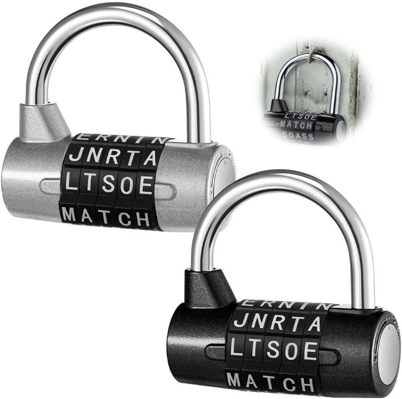 5-Digit Combination Lock, Heavy Duty Metal Word Lock, Keyless Resettable Safety Padlock for School Gym Lockers, Toolbox, Hasp Cabinet, 2 Pcs, Silver & Black - Image 1