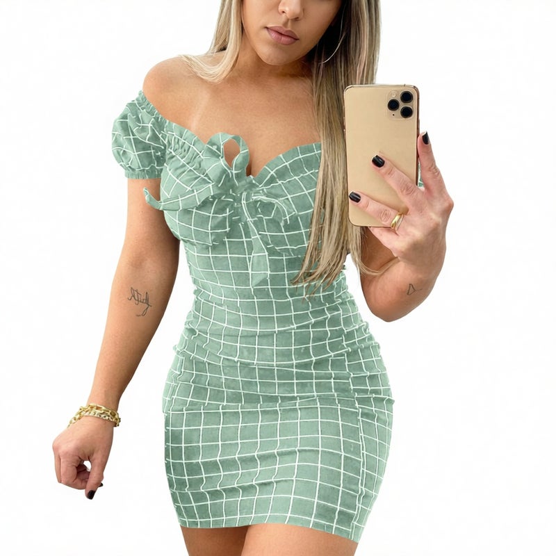 Sexy Off-Shoulder Bodycon Plaid Print Dress with Bow - Image 2